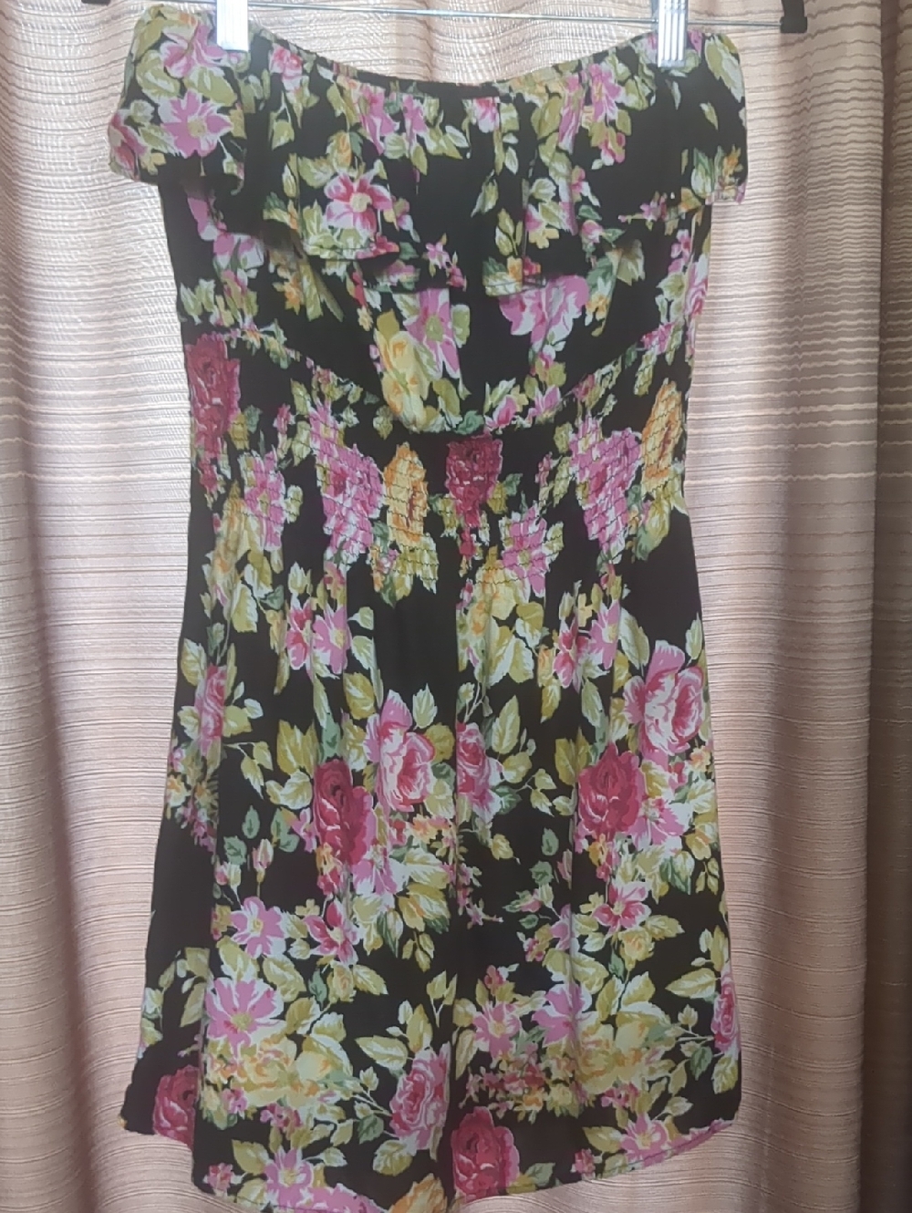 Chesley Black Strapless Floral Dress with Pink & Yellow Roses